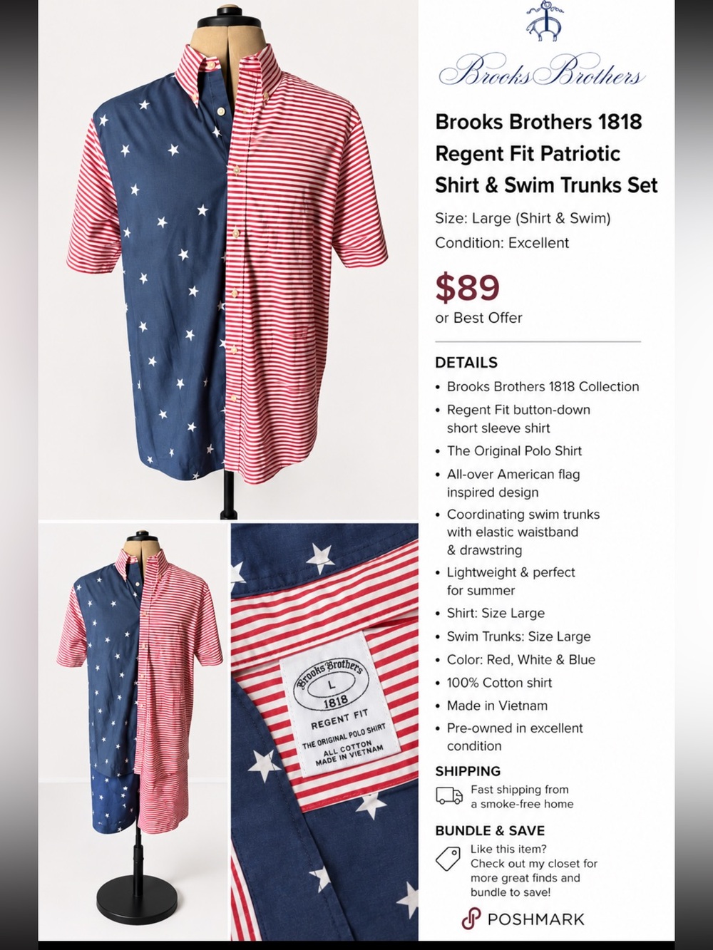 Brooks Brothers Patriotic Matching Shirt & Swim Trunks Set Men’s Large America